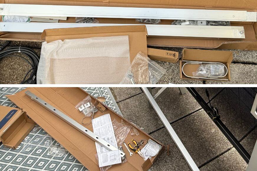 Sortierte Kleinteile des Balkonstrom Balkonkraftwerk-Sets vor der Montage.